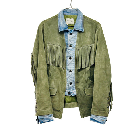 GREG LAUREN SUEDE FRINGE TRUCKER FRONT JACKET ARMY